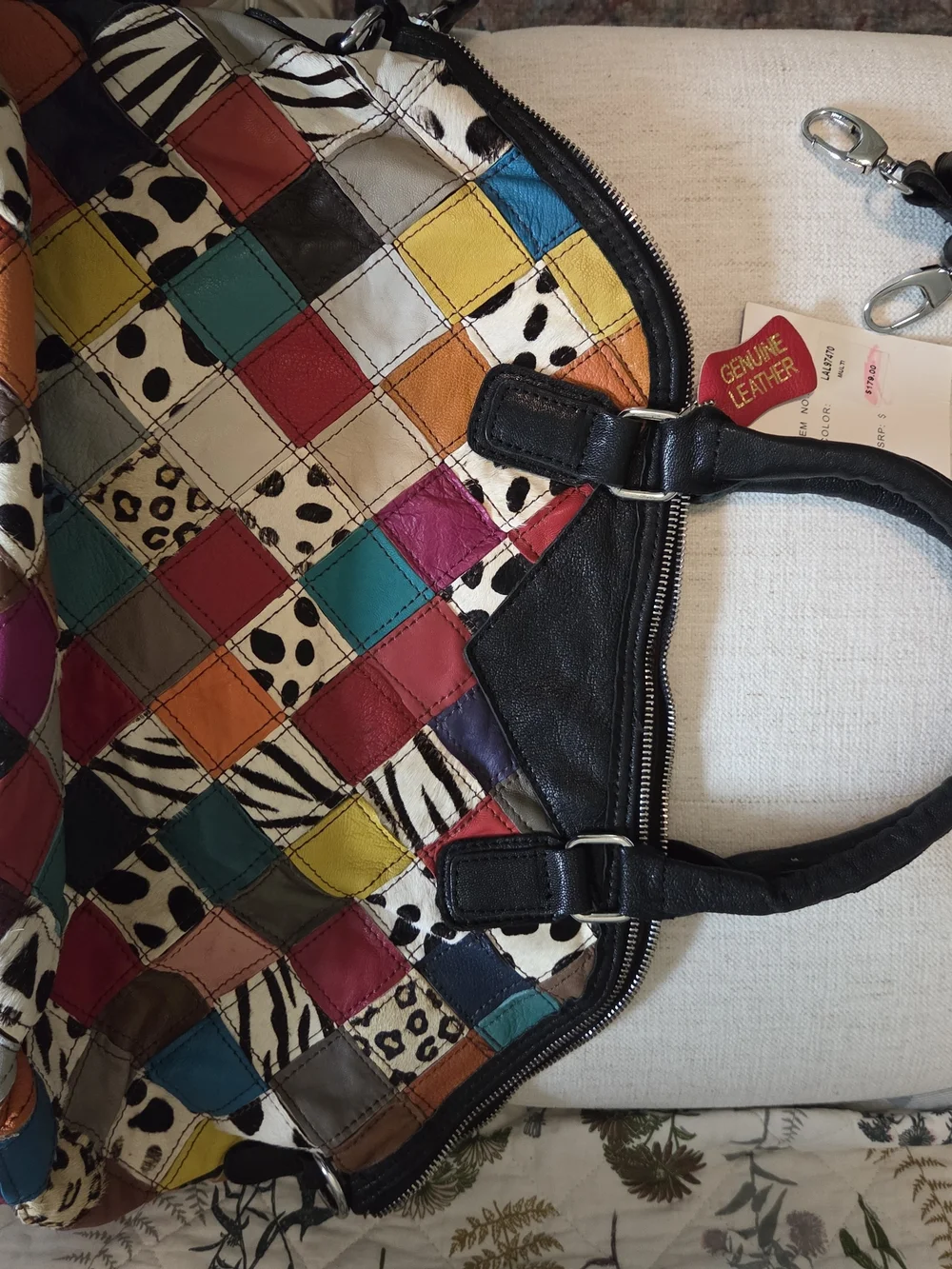 NWT Multicolor Woven Leather Satchel with Black Handles